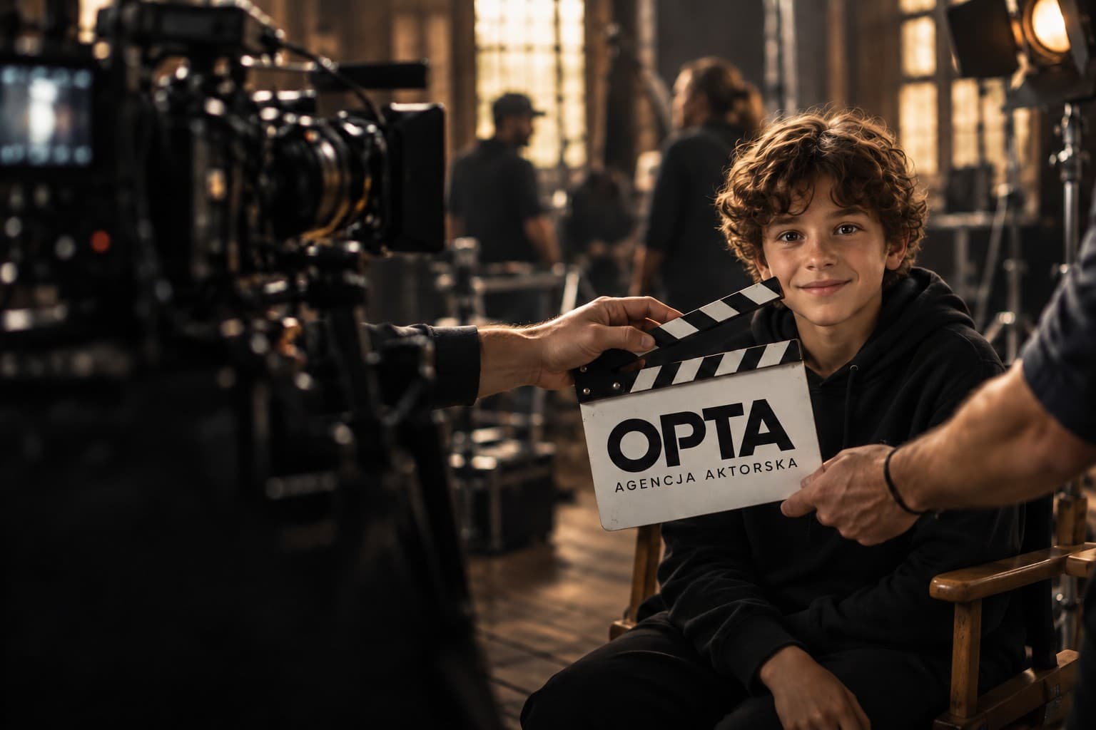 Uśmiechnięty młody aktor z klapsem OPTA na planie filmowym